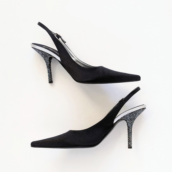 Giuseppe Zanotti Black Crystal Embellished Satin Slingback Pumps - Picture 6 of 16